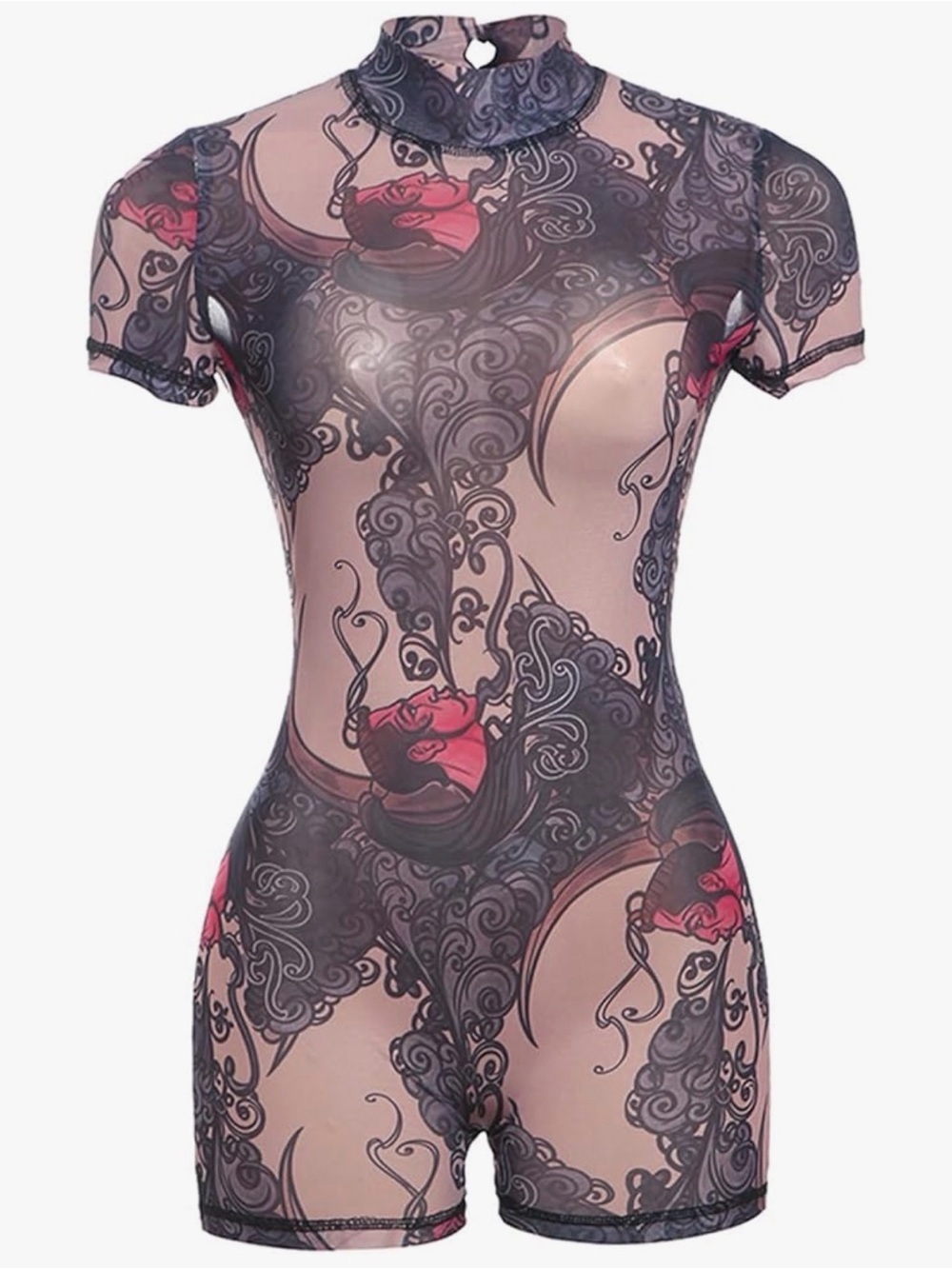Sheer Mesh Short Romper with Artistic Red & Black Print size S